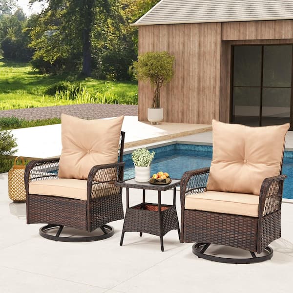 HOMMOW 3-Piece Outdoor 360° Swivel Rattan Chairs Set, PE Wicker Patio Conversation Set with Cushions and Coffee Table, Beige