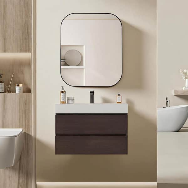 NOBLE 24 in. W x 18 in. D x 25 in. H Single Sink Floating Bath Vanity in Wood with White Solid Surface Integral Top