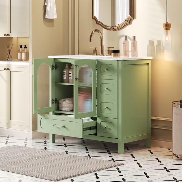 36in. Freestanding Single Sink Green Bath Vanity with White Ceramic Top