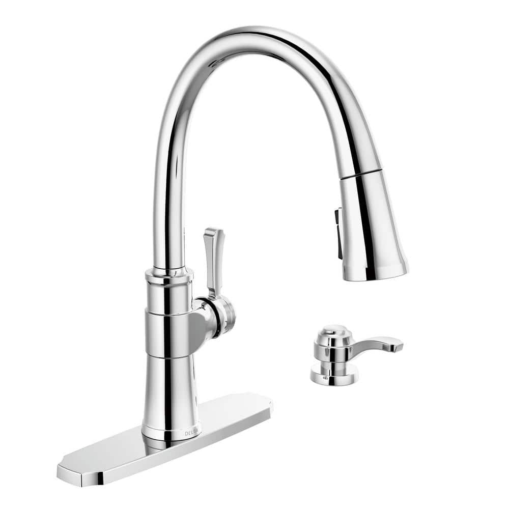 Delta Spargo Single-Handle Pull-Down Sprayer Kitchen Faucet with ShieldSpray and Soap Dispenser in Chrome, Grey