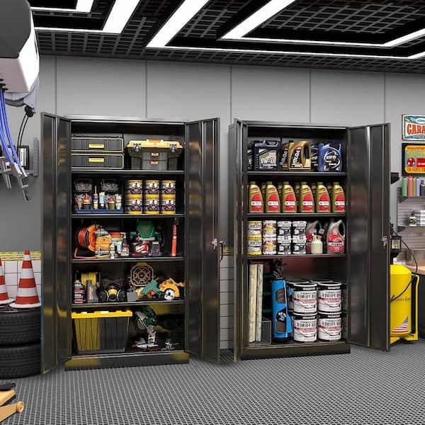 Black 71 in. H Steel Accent Storage Cabinet with 4 Adjustable Shelves Locking Garage Tool Storage Cabinet File Cabinet
