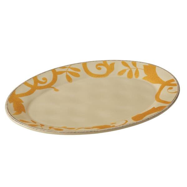 Rachael Ray Dinnerware Gold Scroll 12-1/2 in. Round Platter in Almond Cream