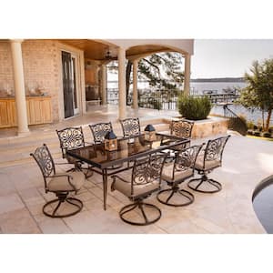 Traditions 9-Piece Aluminum Outdoor Dining Set with Rectangular Glass Table and Swivel Chairs with Natural Oat Cushions