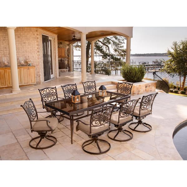 Hanover Traditions 9-Piece Aluminum Outdoor Dining Set with Rectangular Glass Table and Swivel Chairs with Natural Oat Cushions