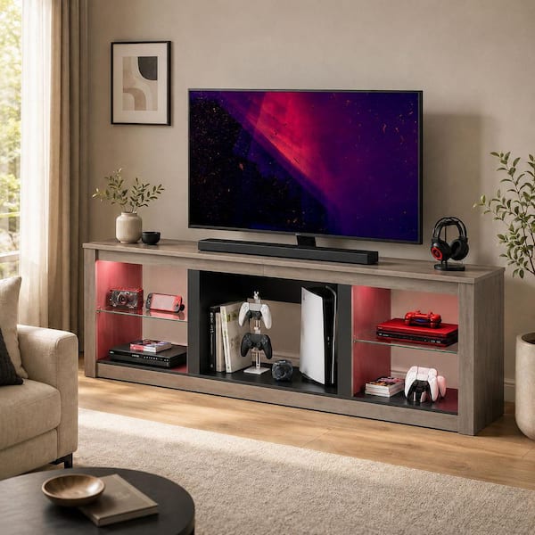 70 in. Wash Grey TV Stand Fits TV's up to 75 in. with Tempered Glass Shelves LED Lights and Large Open Storage