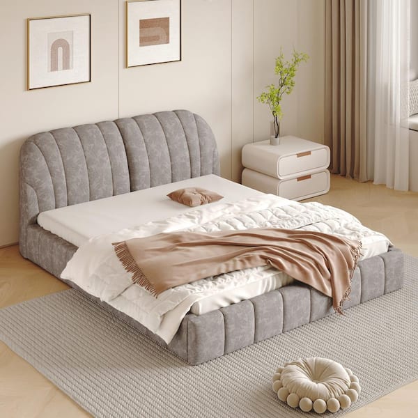 Harper & Bright Designs Gray Wood Frame Queen Size Upholstered Platform Bed with Thick Soft Headboard and Central Support Legs