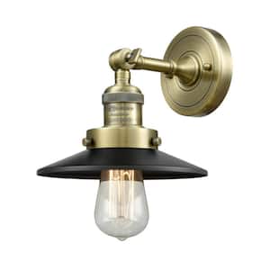 Railroad 8 in. 1-Light Antique Brass Wall Sconce with Matte Black Metal Shade
