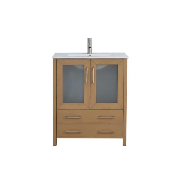 Vanity Art 30 in. W x 18 in. D x 36 in. H Natural Oak Bath Vanity with White Ceramic Top and Mirror