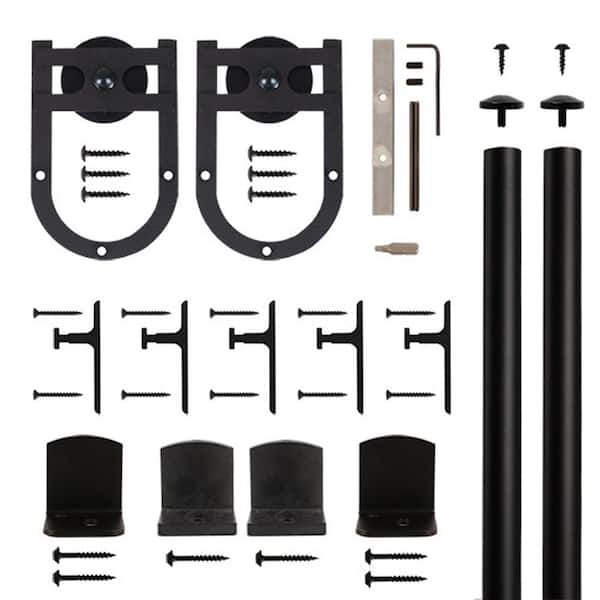 American Home Collection Horse Shoe Black Rolling Door Hardware Kit for 3/4 in. to 1-1/2 in. Door