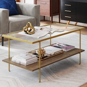 Asher 39 in. Gold/Oak Rectangle Glass Top Coffee Table with Shelf