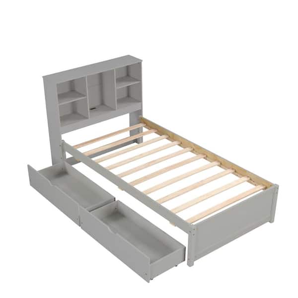 Gray Frame Twin Size Platform Bed with USB Charging Station and Storage Headboard