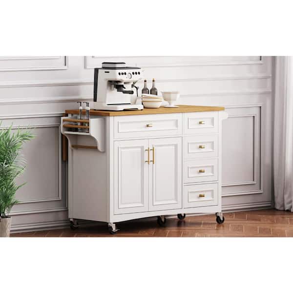 XUJMK White Wood 52 in. Kitchen Island with 2-Doors 5-Drawers, Wheels Cabinet Storage Sideboard for Dining Living Room Kitchen