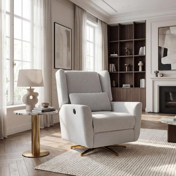 Light Gray Boucle Fabric Power 360° Swivel Gold 5 Star Base Glider Recliner Chair