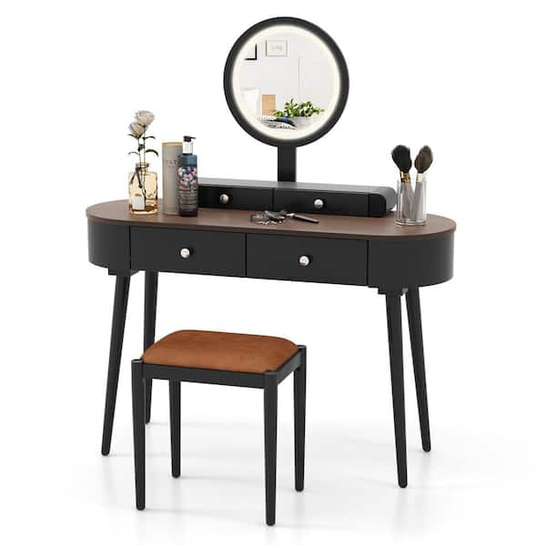 Costway 2-Piece White and Black Makeup Vanity Set with LED Lighted Mirror Drawers Cushioned Stool