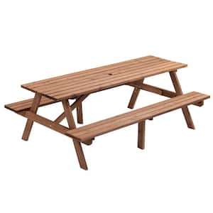 75 in. Outdoor 8-Person Brown Rectangular Wood Picnic Table with Built-In Benches, for Garden and Patio