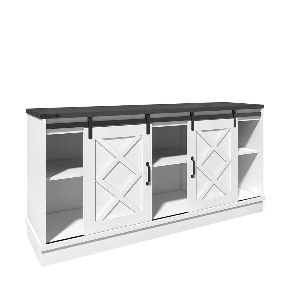 White Farmhouse 58" TV Stand with Sliding Barn Doors