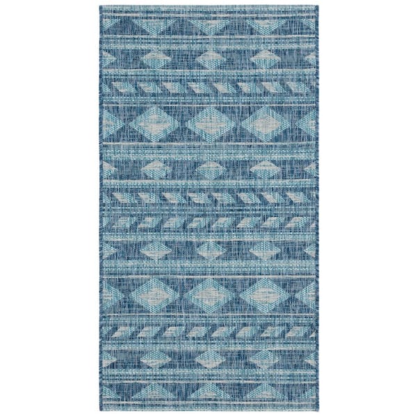 Courtyard Navy/Aqua 3 ft. x 5 ft. Striped Diamond Geometric Indoor/Outdoor Area Rug