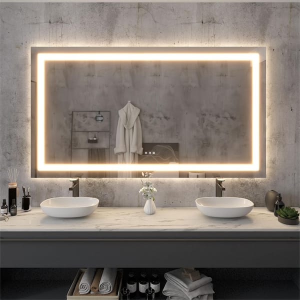 ONWITH 72 in. W x 40 in. H Rectangular Frameless LED Light Anti-Fog Wall Bathroom Vanity Mirror with Backlit and Front Light