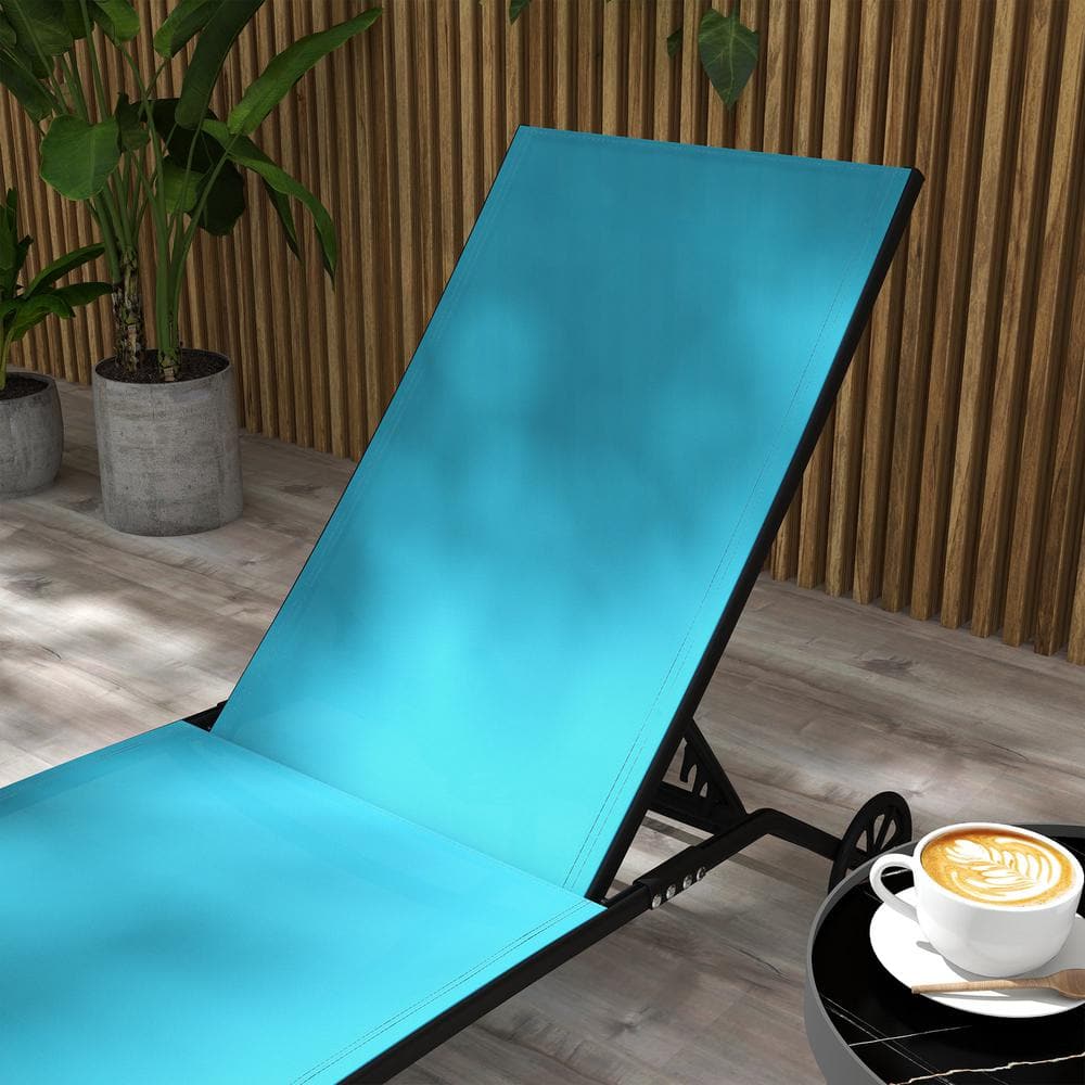 Set of 2 Blue Mesh Outdoor Chaise Loungers with Adjustable Backrest