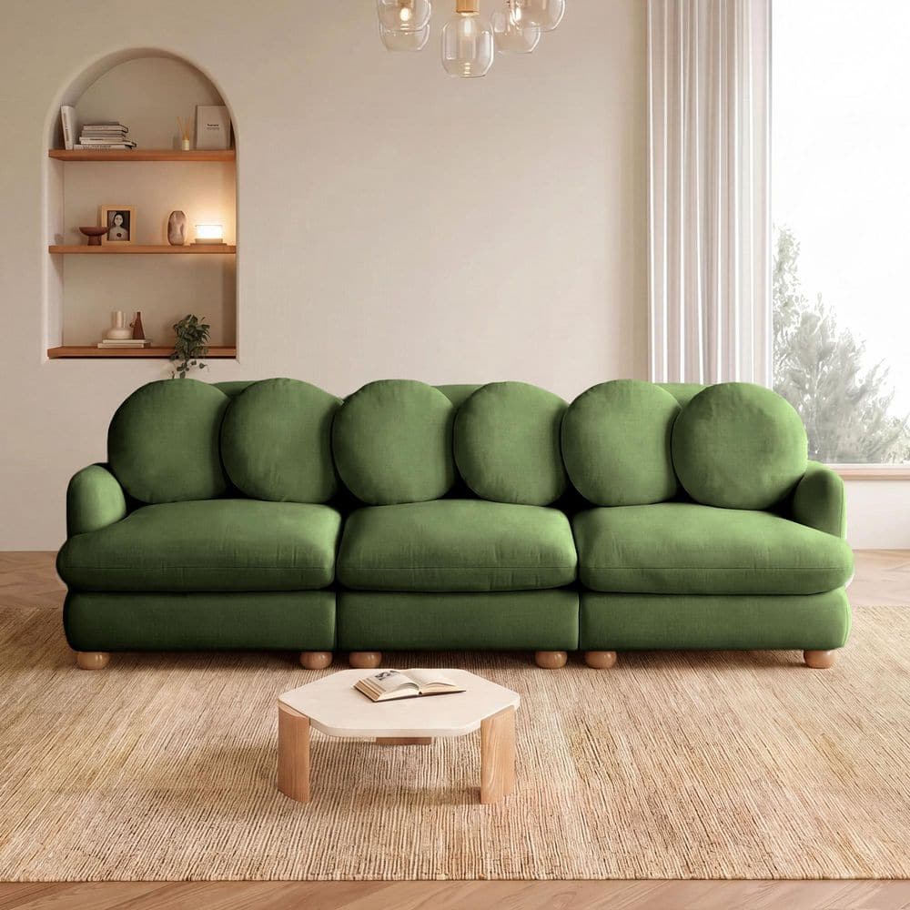 95.3 in. Round Arms Chenille 3-Seater Modular Sectional Sofa in Green with 6 Throw Pillows