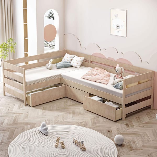 Polibi Natural Wood Frame Twin Size Platform Bed with 3-Storage Drawers