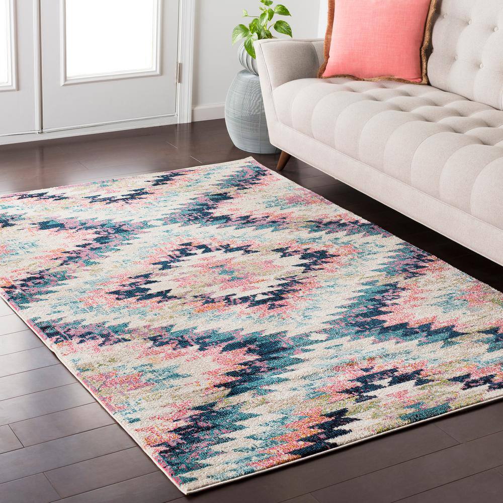 Teal and Multicolor Southwestern Polypropylene Area Rug, 7'10" x 10'2"