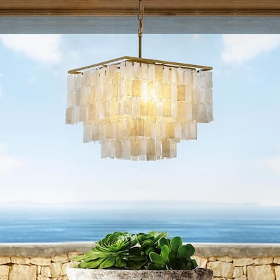 3-Light 13.8 in. Round Coastal Capiz Shells Tiered Antique Gold Chandelier  With Natural Seashell