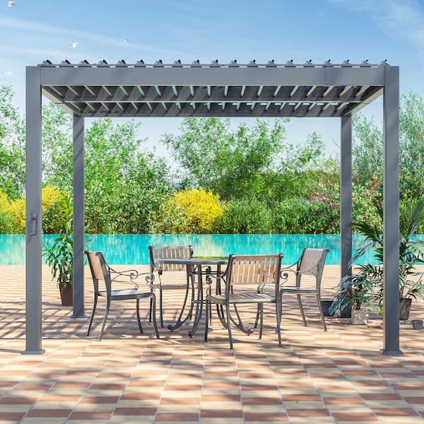 10 ft. x 10 ft. Outdoor Patio Adjustable Gray Aluminum Pergola with Louvers and Rust-Free, for Balcony, Deck and Garden