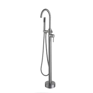 Single-Handle High Arch Floor Mount Freestanding Tub Faucet with Hand Shower in Brushed Nickel