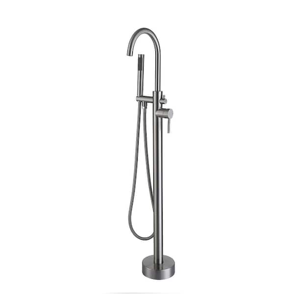 Maincraft Single-Handle High Arch Floor Mount Freestanding Tub Faucet with Hand Shower in Brushed Nickel