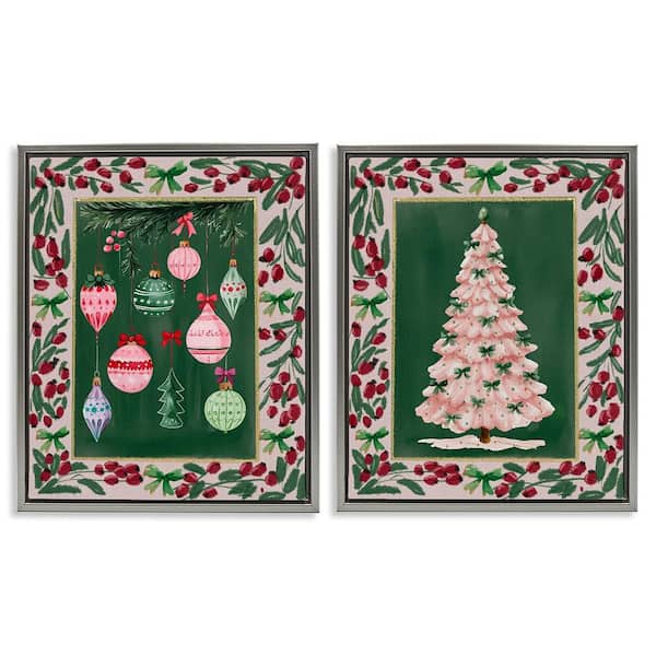 Vintage Ornaments and Tree Border by Yen 2 Piece Gray Floater Frame Graphic Religious Art Print 31 in. x 25 in.