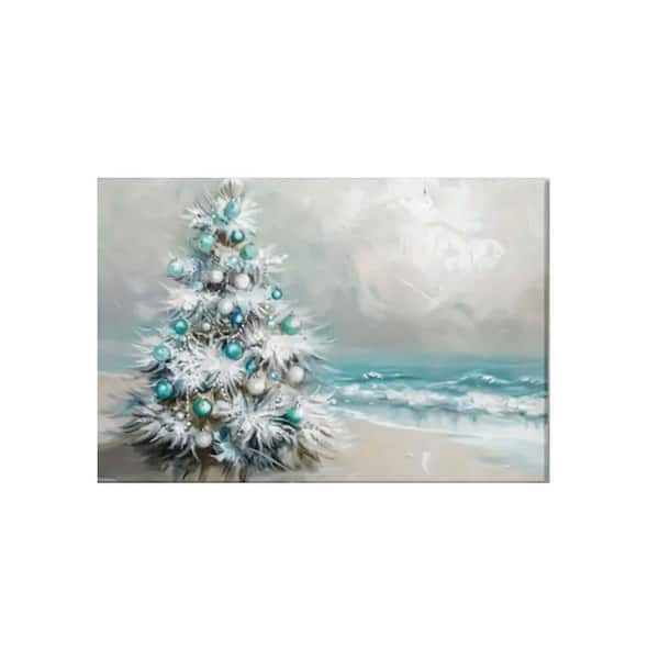 Christmas Framed Canvas Wall Art, 16*24, Christmas Tree By The Sea Poster Canvas Paintings.