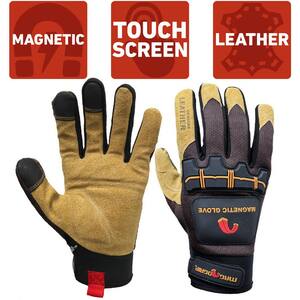Large Heavy-Duty Magnetic Glove with Leather Palm and Touchscreen Technology