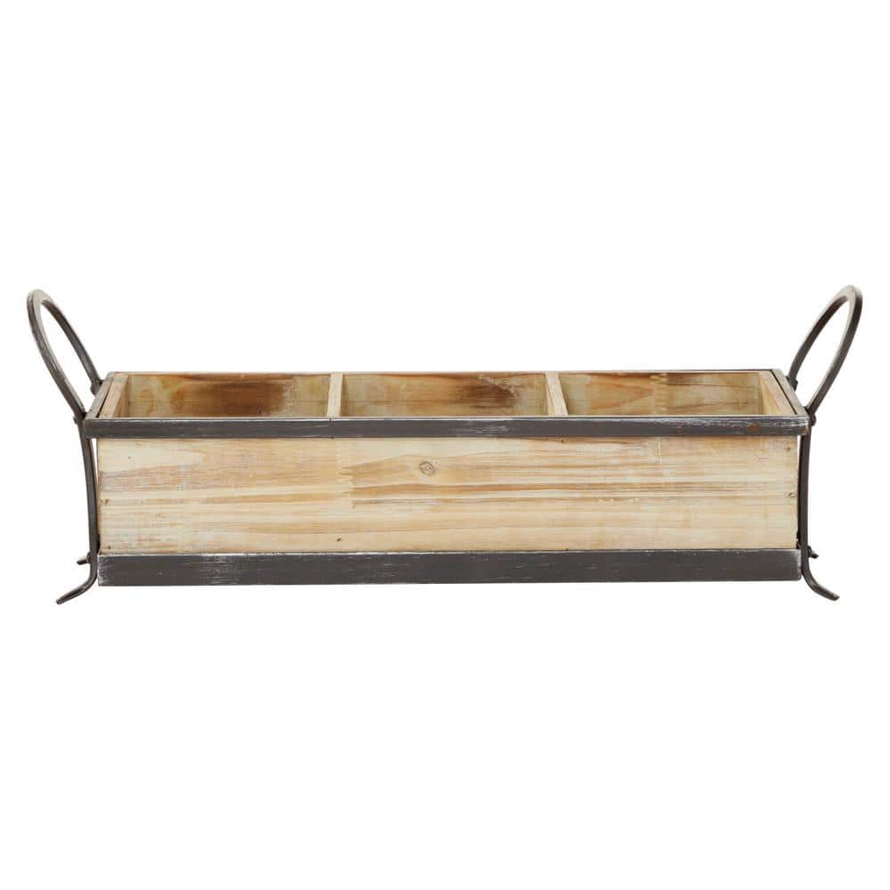 Rustic Pine-Finish Wood Tray with Iron Accents and Dividers, 24"x9"