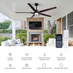 64 in. Smart Indoor Black Standard Ceiling Fan with Color Changing and Dimmable LED Light Included Fan Light with Remote