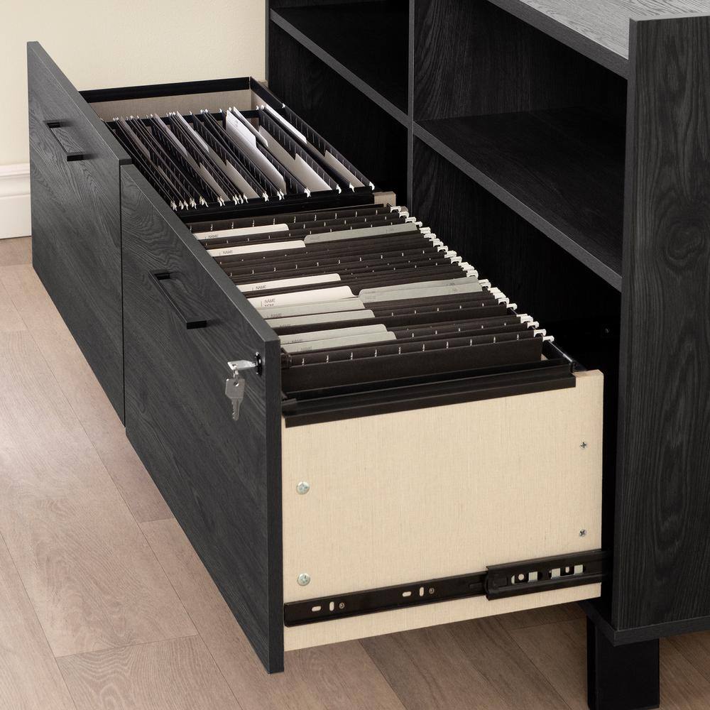 Gray Oak L-Shaped Computer Desk with Power Outlet and Filing Cabinet