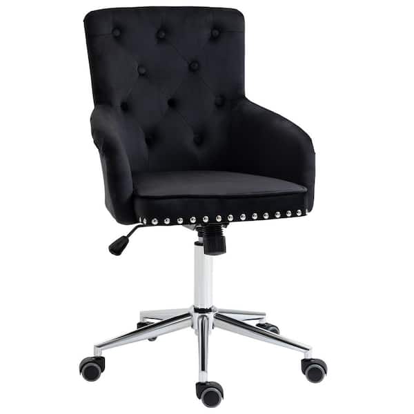 HOMCOM Black, Modern Mid-Back Desk Chair with Nailhead Trim, Swivel Home Office Chair with Button Tufted Velvet Back