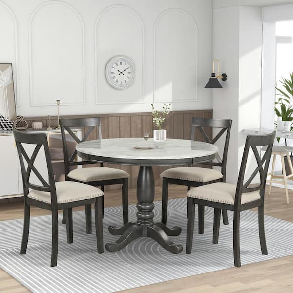 Harper & Bright Designs Elegant 5-Piece Gray Faux Marble Top Dining Set (Seats 4)