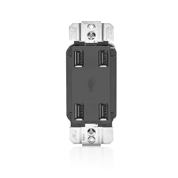Leviton 4.2 Amp Decora 4-Port USB Charger Combo Outlet, Black USB4P-E