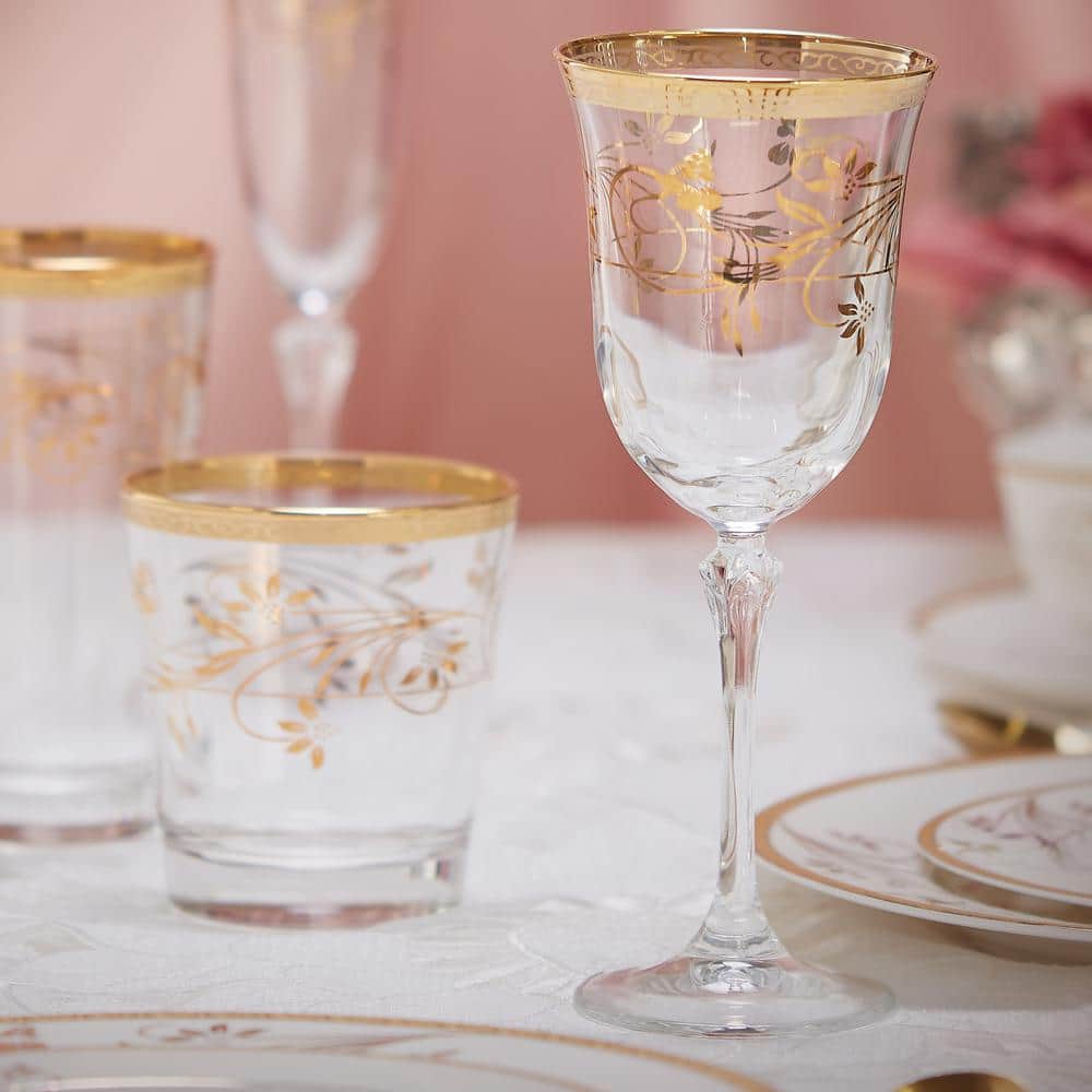 Rosalia Gold Floral Lead-Free Crystal Wine Glass Set of 4