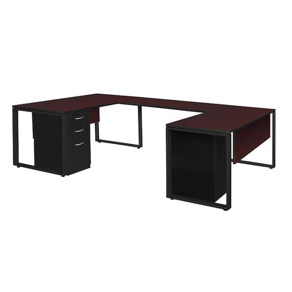 Regency Caranna 72 in. x 30 in. Double Metal Pedestal U-Desk with 42 in. Bridge - Mahogany/Black