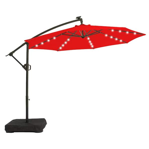 PASAMIC 10 ft. Solar LED Patio Offset Umbrella Outdoor Cantilever Umbrella with Weighted Base Red