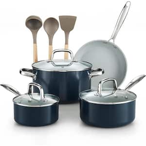 10-Piece Hard Anodized Aluminum Nonstick Healthy Ceramic Cookware Set Stay-Cool Handles, Blue