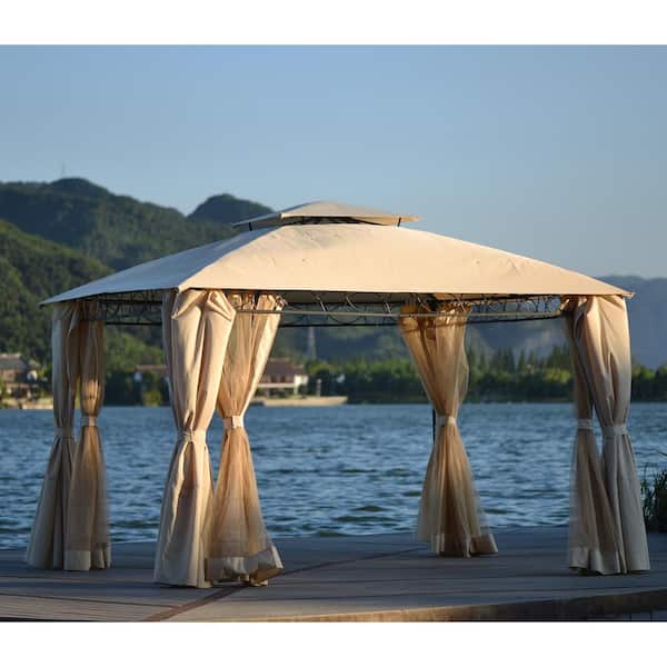 Polibi 12 ft. x 11 ft. Beige Rectangular Double Tiered Grill Canopy, Outdoor BBQ Gazebo Tent with UV Protection