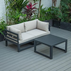 Chelsea Black 3-Piece Aluminum Patio Conversation Set with Beige Cushions