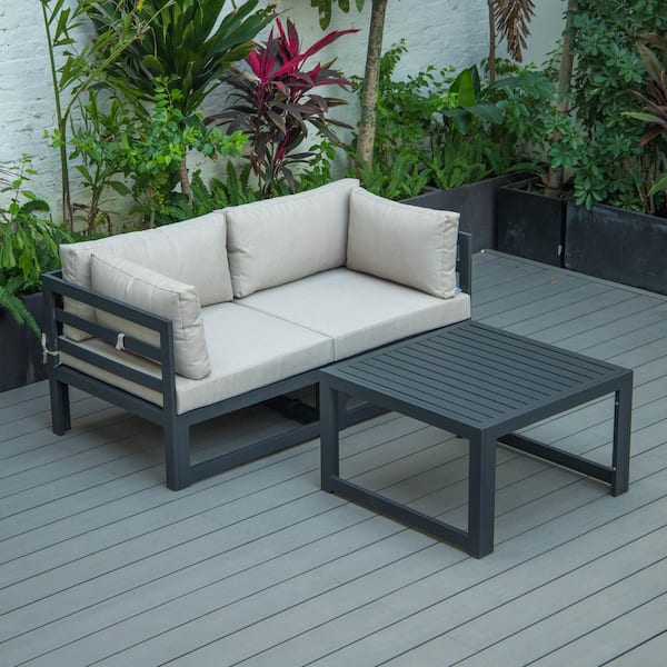 Leisuremod Chelsea Black 3-Piece Aluminum Patio Conversation Set with Beige Cushions