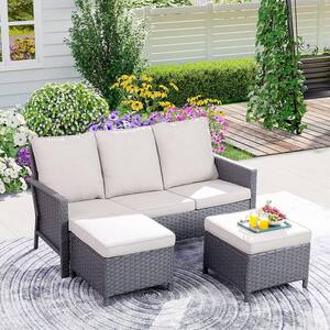 Gray 3-Piece Wicker Outdoor Sectional Set with Storage Stool and White Cushions