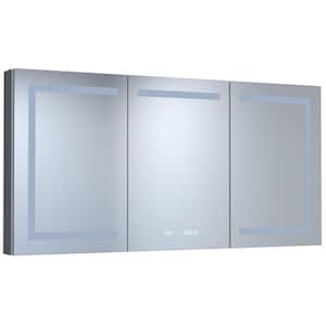 60 in. W x 30 in. H Large Rectangular Silver Aluminum Recessed/Surface Mount Medicine Cabinet with Mirror LED and Clock
