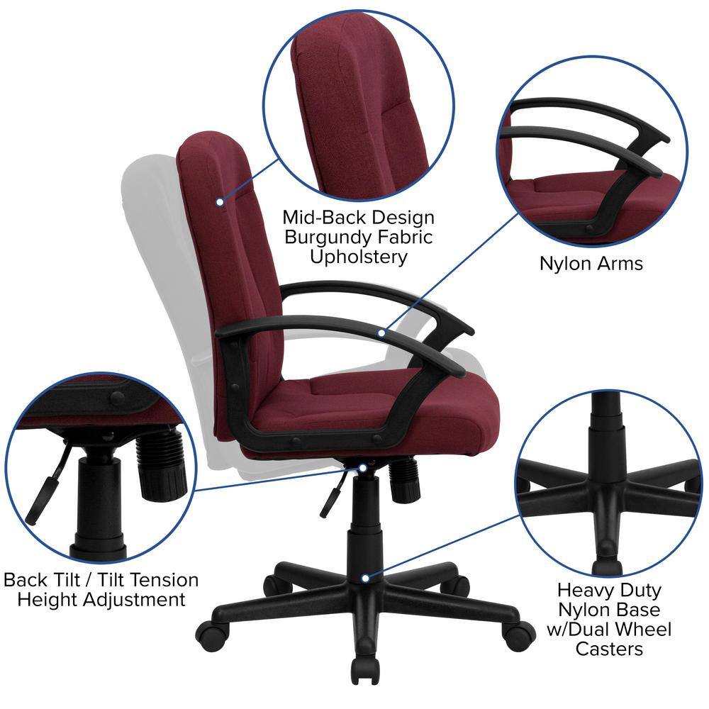 Burgundy Fabric Swivel Task Chair with Fixed Nylon Arms