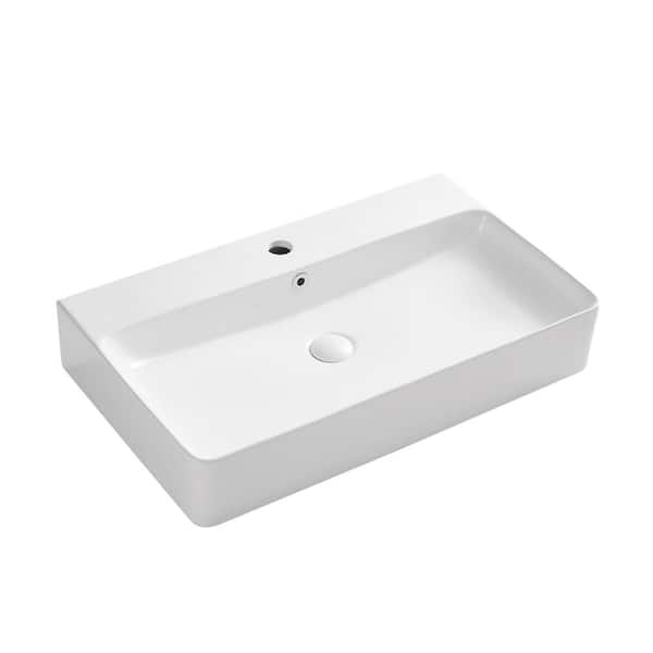 Boyel Living 28 In White Above Counter Wall Mounted Ceramic Rectangular Vessel Sink With Pop Up Drain And Overflow Ys Bathsnik 068 The Home Depot